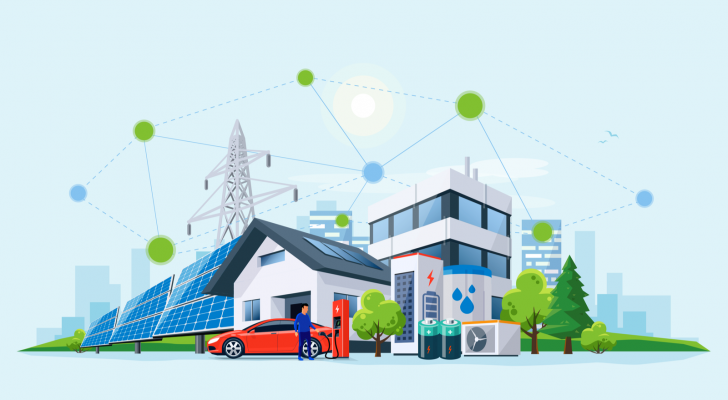 An image of a man charging an electric car with icons for renewable energy sources in the background; renewable energy grid