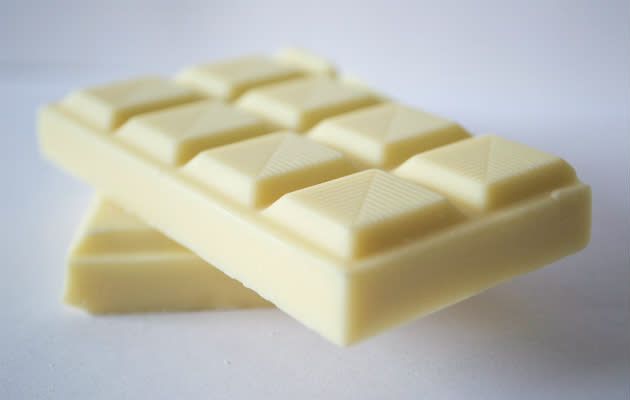 <b>Saturated Fat: 20g = just under 100g white chocolate</b> You might imagine white chocolate being high in sugar, but with all that cocoa butter and milk it’s also high in saturated fat. We found one supermarket white chocolate bar which contained 21.9g saturated fat per 100g of chocolate.