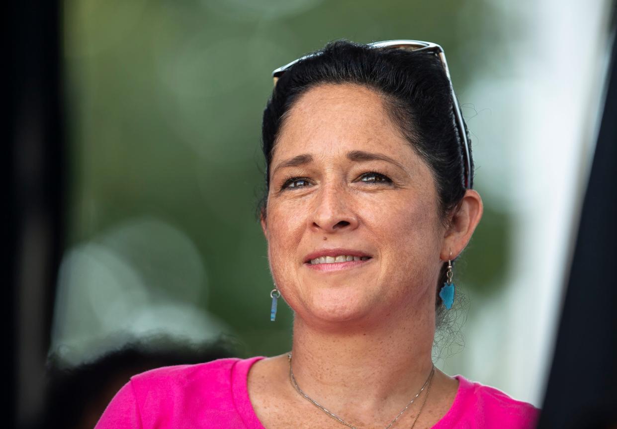 Illinois Comptroller Susana Mendoza listens as a video message from her is played during the 2021 Illinois Democratic County Chairs’ Association Brunch at the Crowne Plaza in Springfield, Ill., Wednesday, August 18, 2021. [Justin L. Fowler/The State Journal-Register] 