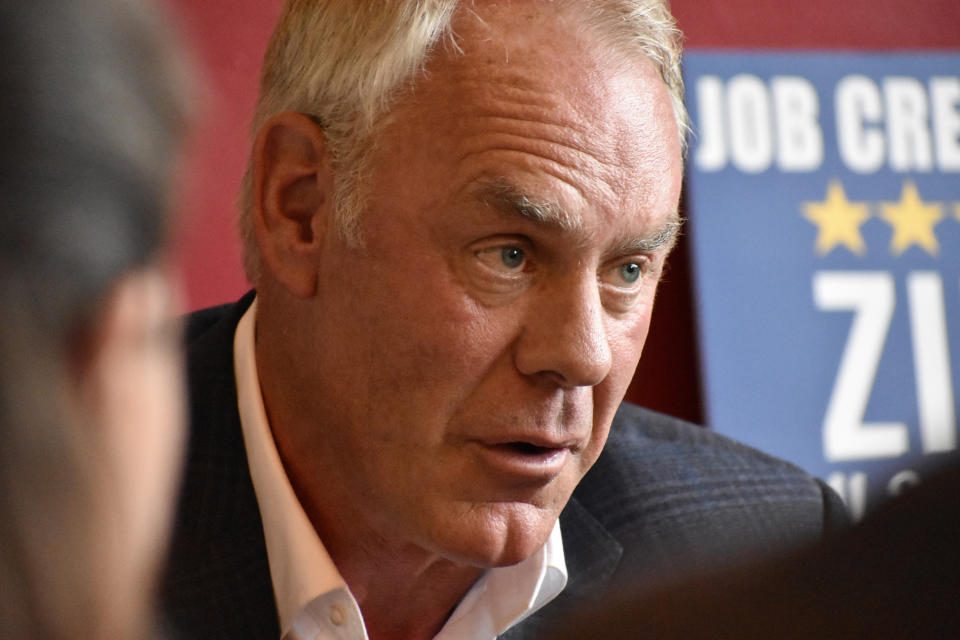 Republican U.S. House candidate Ryan Zinke speaks to business community members during a meeting at the Lockhorn Cider House, Sept. 30, 2022, in Bozeman, Mont. Zinke was widely considered the front-runner entering the race but narrowly won the Republican primary and now faces Democrat Monica Tranel and Libertarian John Lamb in the general election. (AP Photo/Matthew Brown)