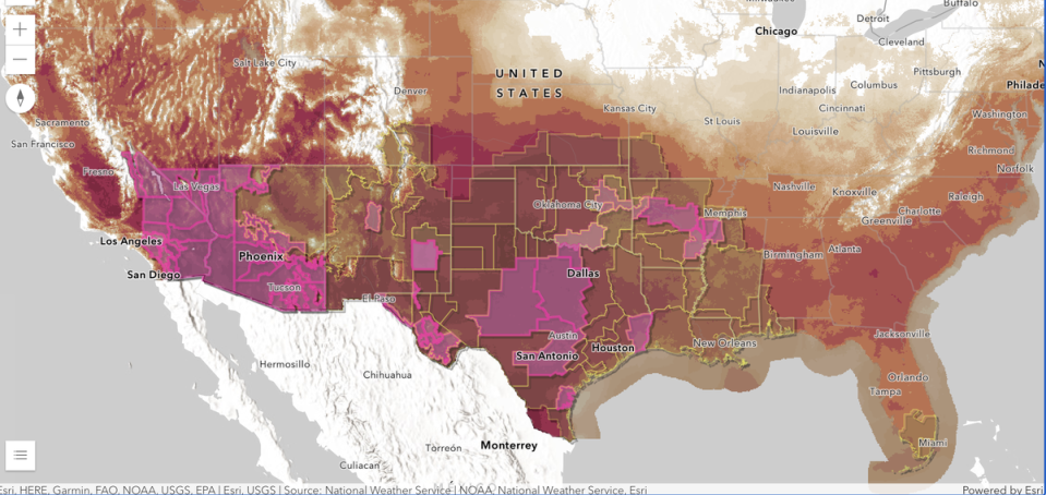 The southern half of the United States was under prolonged heatwaves that have driven temperatures well above 100F in parts of the southwest like Texas, Arizona, New Mexico, Nevada and California (NOAA/NWS)