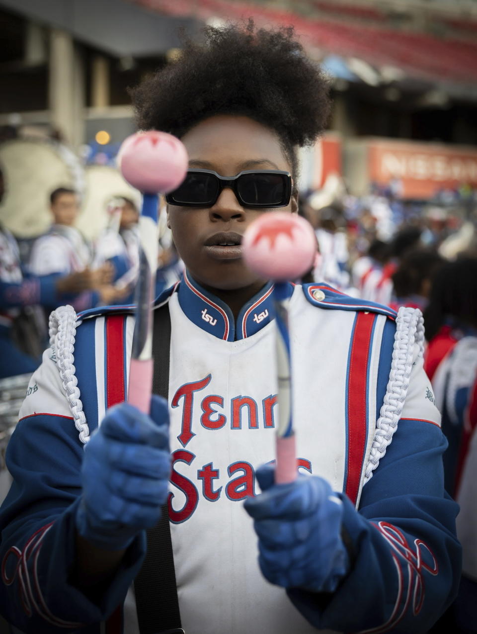 Jierre Franklin, a member of the Tennessee State University marching band, known as the Aristocrat of Bands, appears on Oct. 8, 2022, in Nashville, Tenn. TSU is hoping to make history after their marching band was nominated for a Grammy in the roots gospel category. The historically Black university's Aristocrat of Bands teamed up with gospel songwriter and producer Sir the Baptist last year to record “The Urban Hymnal.” (Garrett E Morris via AP)