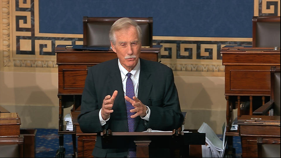 In this image from video, Sen. Angus King, I-Maine, speaks on the Senate floor about the impeachment trial against President Donald Trump at the U.S. Capitol in Washington, Tuesday, Feb. 4, 2020. The Senate will vote on the Articles of Impeachment on Wednesday afternoon, Feb. 5. (Senate Television via AP)