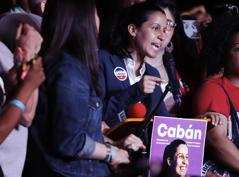 Queens district attorney candidate Tiffany Caban speaks to supporters Tuesday, June 25, 2019, in the Queens borough of New York. (AP Photo/Frank Franklin II)