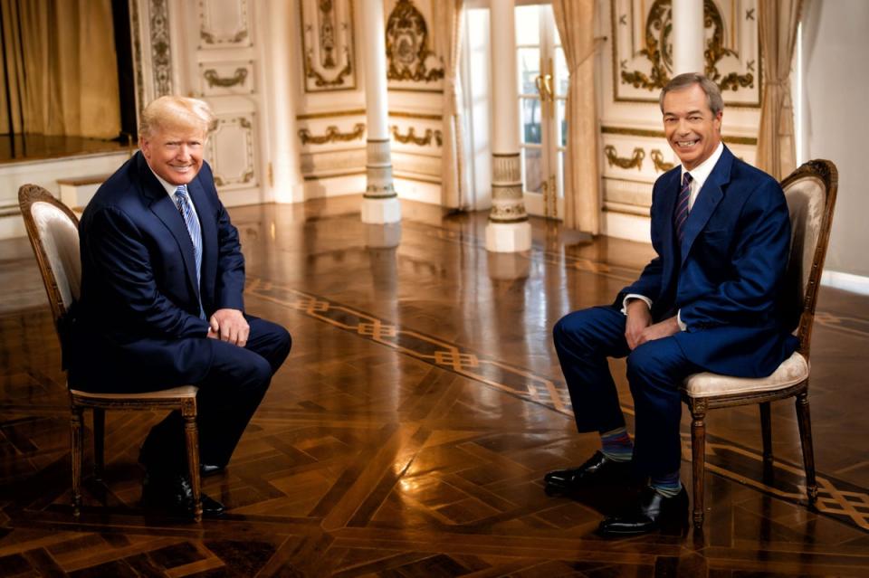 Former US president Donald Trump speaks about Prince Harry, Meghan Markle, Boris Johnson and the Capitol Hill riot in a GB News interview with Nigel Farage in December 2021 (GB News)