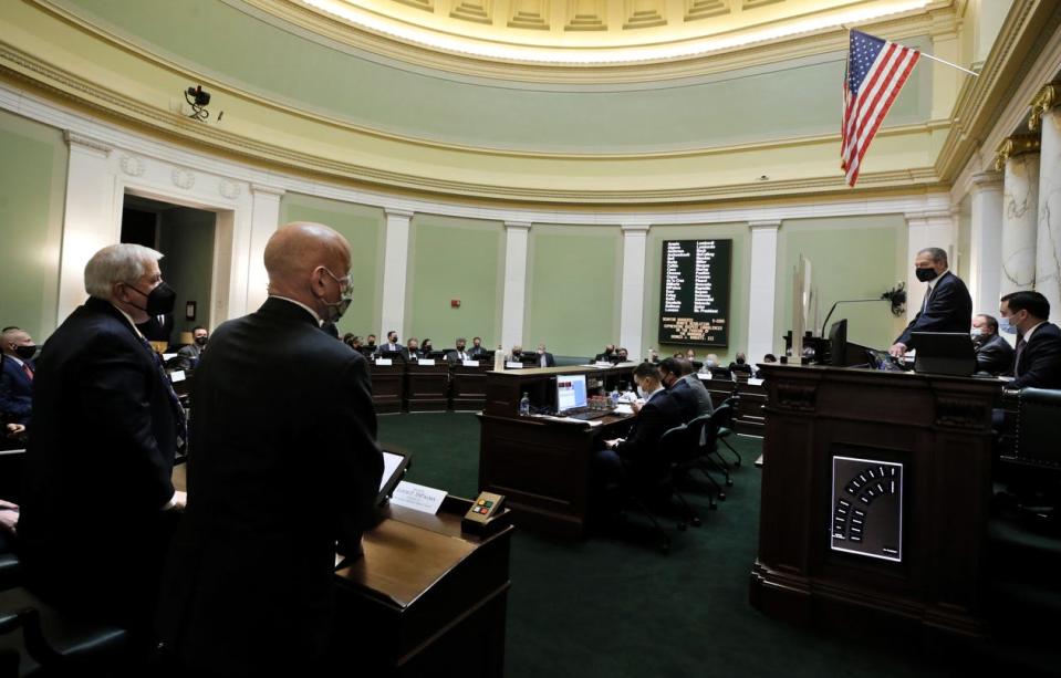Senate President Dominick Ruggerio presides on Tuesday, the first day back after the annual six-month hiatus.