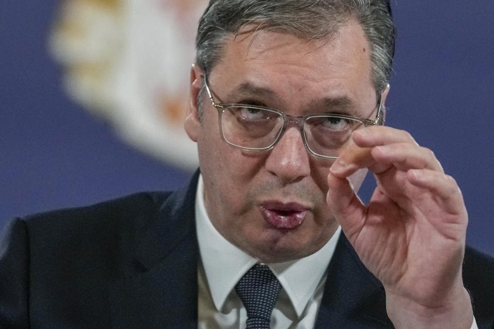 Serbian President Aleksandar Vucic speaks during a public address in Belgrade, Serbia, Thursday, March 16, 2023. EU foreign policy chief Josep Borrell said Thursday that he would convene the next high-level meeting between Vucic and Kosovo Prime Minister Albin Kurti in Ohrid, North Macedonia, on March 18. (AP Photo/Darko Vojinovic)