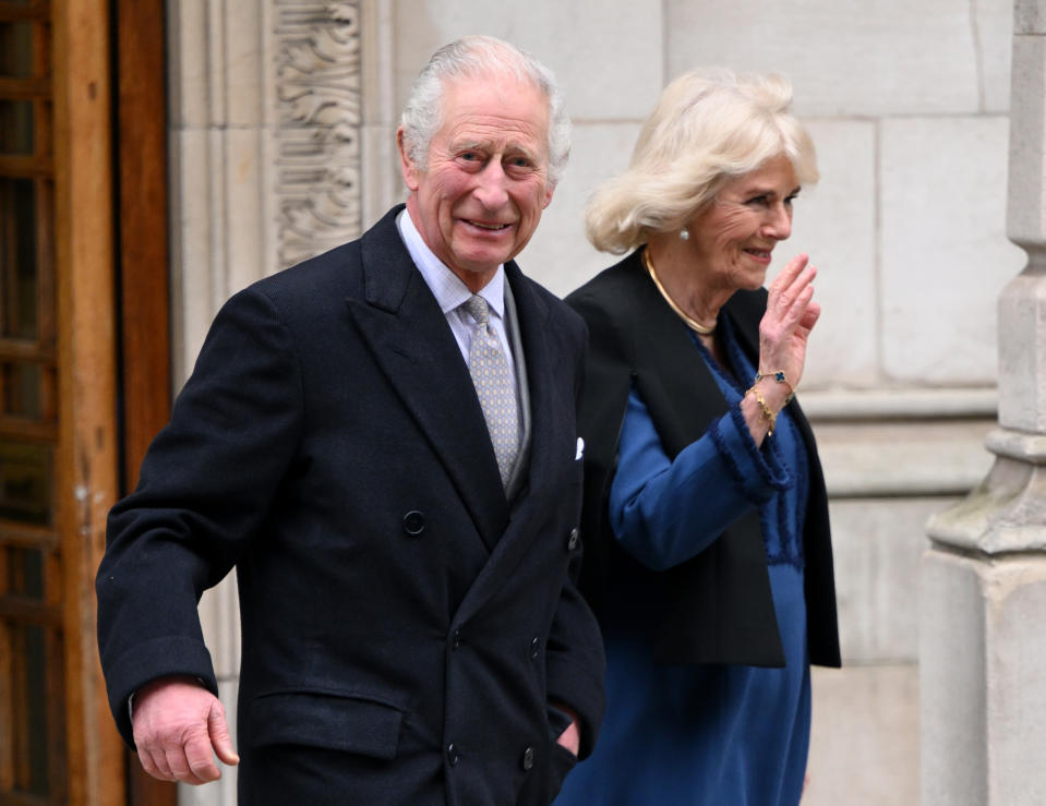 LONDON, ENGLAND - JANUARY 29:  King Charles III with Queen Camilla leaves The London Clinic on January 29, 2024 in London, England. The King has been receiving treatment for an enlarged prostate, spending three nights at the London Clinic and visited daily by his wife Queen Camilla.  (Photo by Karwai Tang/WireImage)