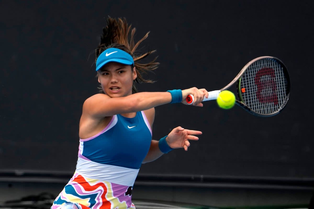 Emma Raducanu hits a forehand during her victory over Tamara Korpatsch (Ng Han Guan/AP) (AP)