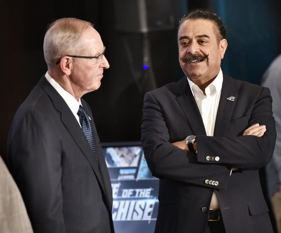 Jacksonville Jaguars owner Shad Khan, right, said President Donald Trump’s attacks on the NFL are “a very personal issue” with Trump. (AP)