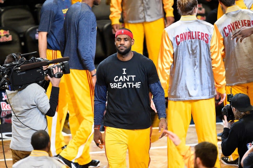 Cleveland Cavaliers forward LeBron James (23) wears a t shirt to honor Eric Garner as the team is introduced during a NBA game between the Cleveland Cavaliers and the Brooklyn Nets at Barclays Center in Brooklyn, NY The Cleveland Cavaliers defeated the Brooklyn Nets 110-88