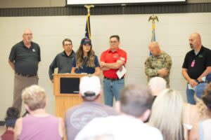  Gov. Kristi Noem leads a press conference June 23, 2024, in North Sioux City on flooding in the area. (Courtesy of the South Dakota Governor’s Office)