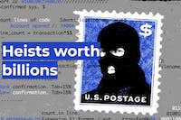 Graphic showing a masked criminal on a stamp and saying 'Heists worth billions'