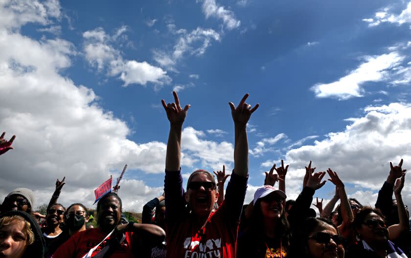 Los Angeles, California March 23, 2023-Protestors listen to speakers as members of the Service Employees International Union Local 99 picket at Los Angeles Historic State Park Thursday. (Wally Skalij/Los Angeles Times)