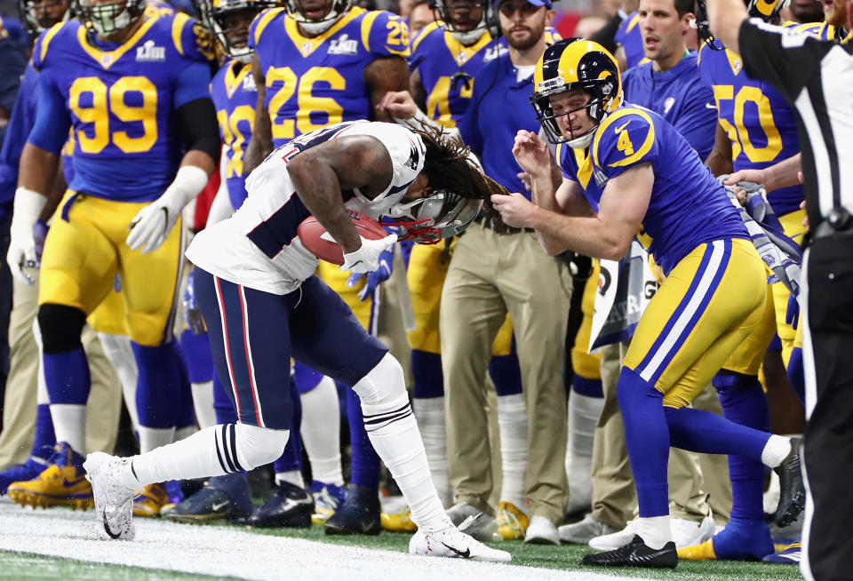 <p>Greg Zuerlein #4 of the Los Angeles Rams makes a tackle against the New England Patriots in the first half of the Super Bowl LIII at Mercedes-Benz Stadium on February 3, 2019 in Atlanta, Georgia. (Photo by Jamie Squire/Getty Images) </p>