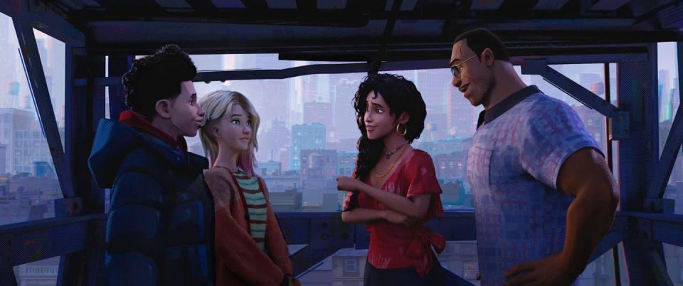 miles morales, gwen stacy, rio, jeff, spiderman across the spiderverse