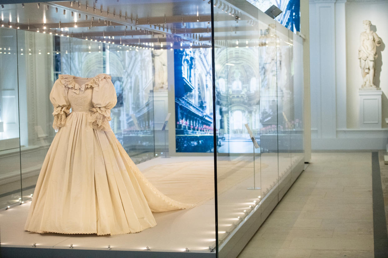 LONDON, ENGLAND - JUNE 02: The wedding dress of Diana, Princess of Wales is displayed during the 