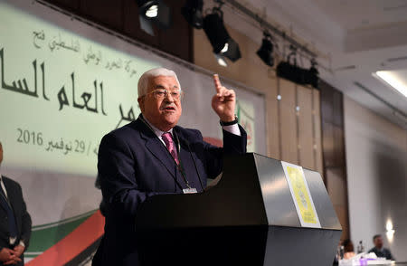 Palestinian President Mahmoud Abbas speaks during the opening session of Fatah congress in the West Bank city of Ramallah November 29, 2016. Palestinian President Office (PPO)/Handout via REUTERS ATTENTION EDITORS - THIS IMAGE WAS PROVIDED BY A THIRD PARTY. EDITORIAL USE ONLY. NO RESALES. NO ARCHIVE.