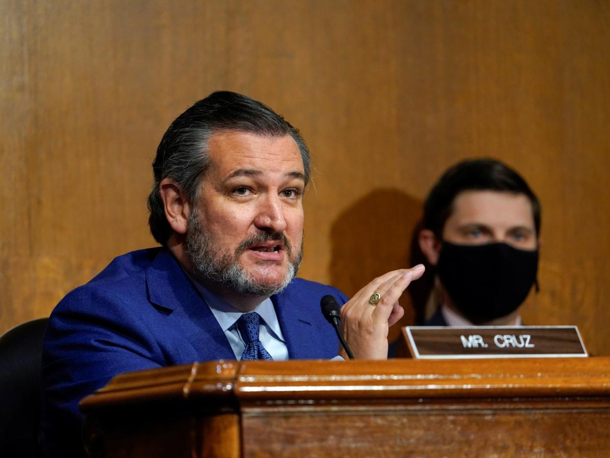 <p>Senator Ted Cruz (R-TX) speaks during a Senate Judiciary Committee hearing on the FBI investigation into links between Donald Trump associates and Russian officials during the 2016 US presidential election, on Capitol Hill in Washington, on 10 November 2020</p> ((Reuters))