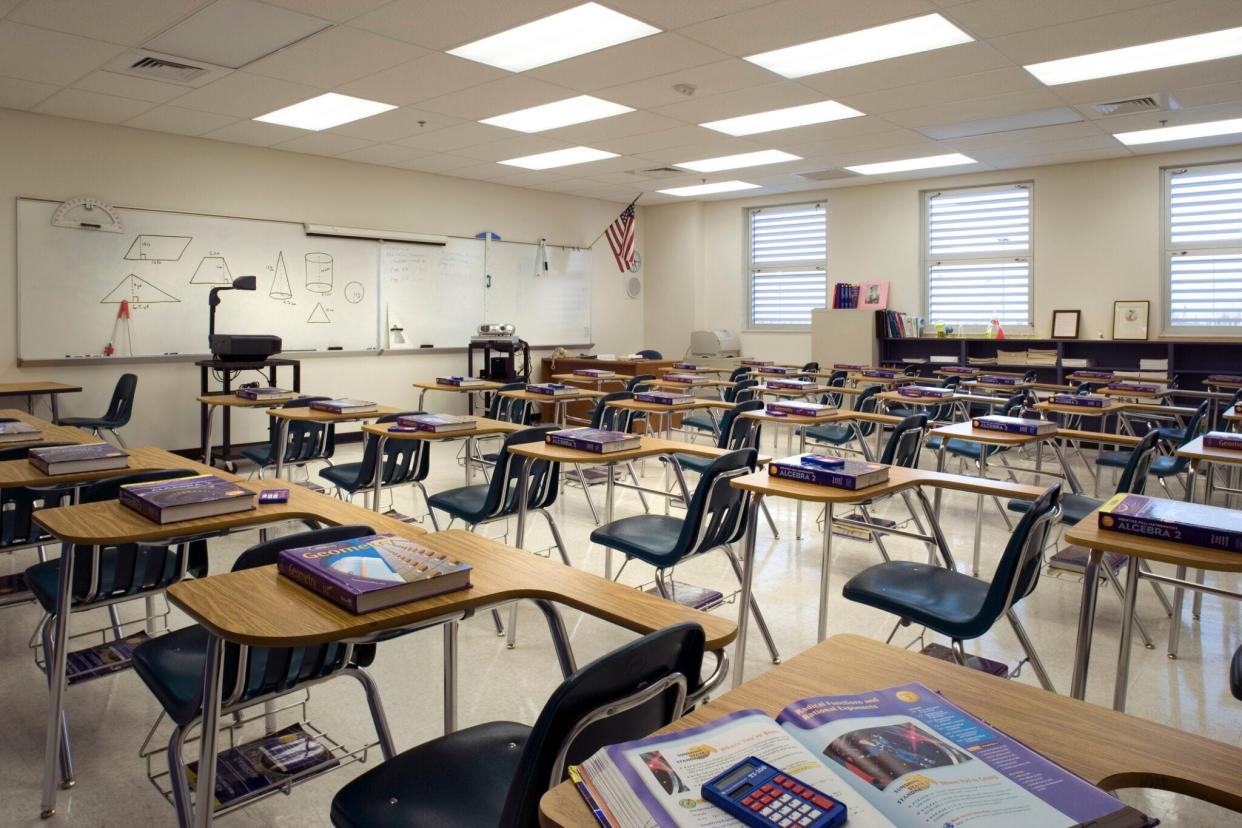 A high school classroom in Columbia, Missouri, is unoccupied on a weekday. Roughly one-third of the state's school districts operate on a four-day week.