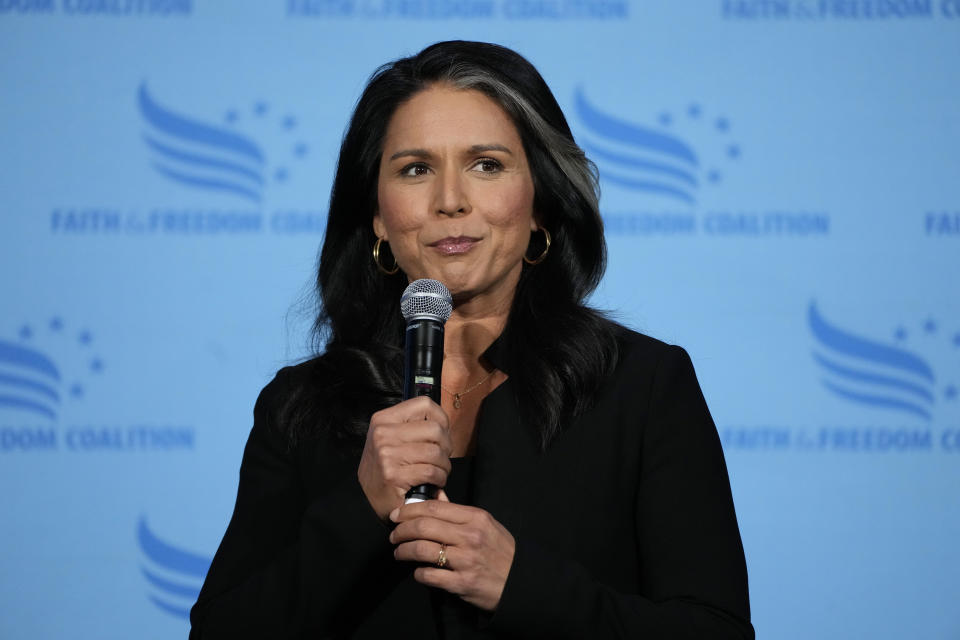 Former Hawaii Rep. Tulsi Gabbard speaks during the Iowa Faith and Freedom Coalition Spring Kick-Off Saturday, April 22, 2023, in Clive, Iowa. (AP Photo/Charlie Neibergall)