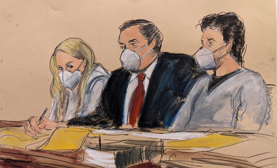 A courtroom sketch of a man in a suit, and two suspects at a table with masks on.