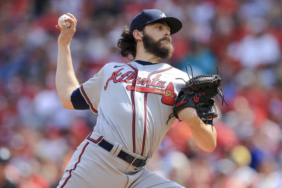 Atlanta Braves' Ian Anderson throws during the first inning of a baseball game against the Cincinnati Reds in Cincinnati, Saturday, June 26, 2021. (AP Photo/Aaron Doster)