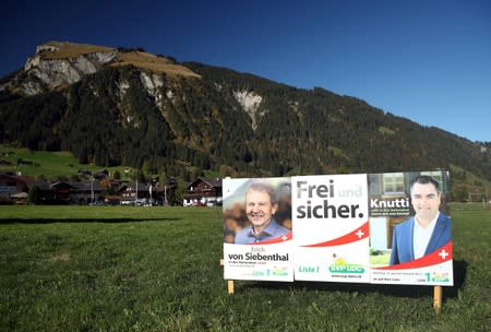 Election posters of the Swiss People's Party (SVP) candidates are pictured in Lenk