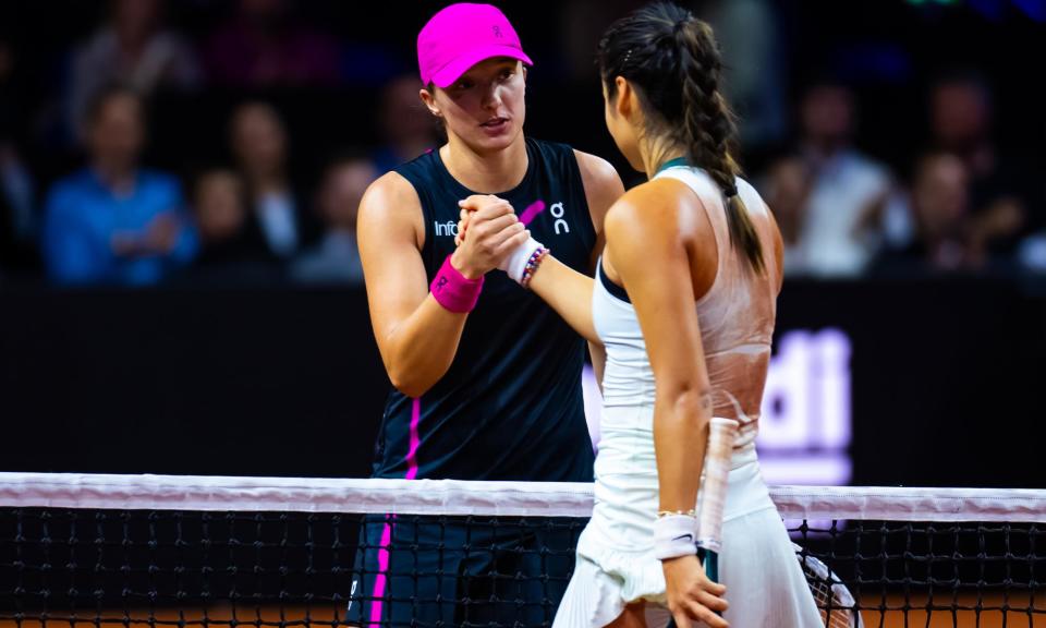 <span>Emma Raducanu shakes hands with Iga Swiatek after a promising performance against the world No 1 at the <a class="link " href="https://sports.yahoo.com/soccer/teams/stuttgart/" data-i13n="sec:content-canvas;subsec:anchor_text;elm:context_link" data-ylk="slk:Stuttgart;sec:content-canvas;subsec:anchor_text;elm:context_link;itc:0">Stuttgart</a> Open.</span><span>Photograph: Robert Prange/Getty Images</span>