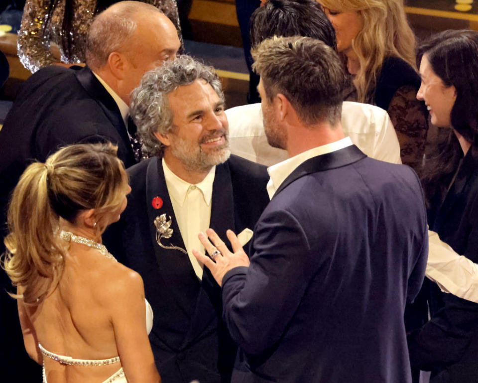 Mark Ruffalo and Chris Hemsworth speak in the audience during the 96th Annual Academy Awards at Dolby Theatre on March 10, 2024<span class="copyright">Getty Images—2024 Getty Images</span>
