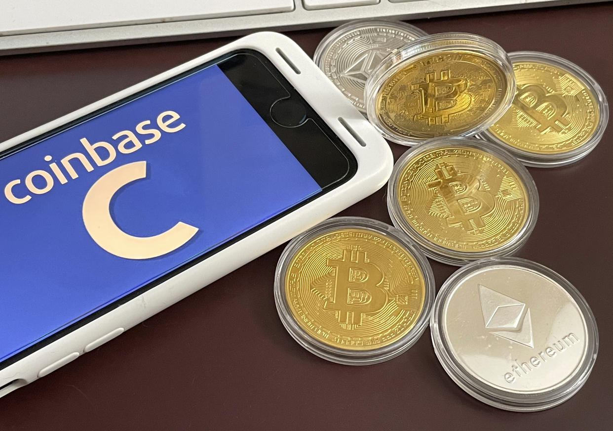 Photo by: STRF/STAR MAX/IPx 2021 4/10/21 Bitcoin rises above $60K as Ethereum hits a record high. The price action comes ahead of the listing of Coinbase on the Nasdaq Exchange. STAR MAX Photo: Coinbase logo photographed off an iphone SE 2020.