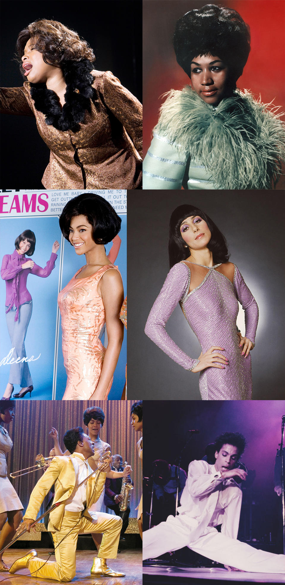 both Jennifer Hudson and Aretha Franklin wear fluffy collars, Beyoncé and Cher have slinky dresses, and Eddie Murphy and Prince have snazzy suits