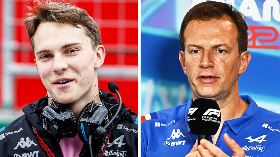 Alpine boss Laurent Rossi (pictured right) speaking to the media and (pictured left) Oscar Piastri before a race.