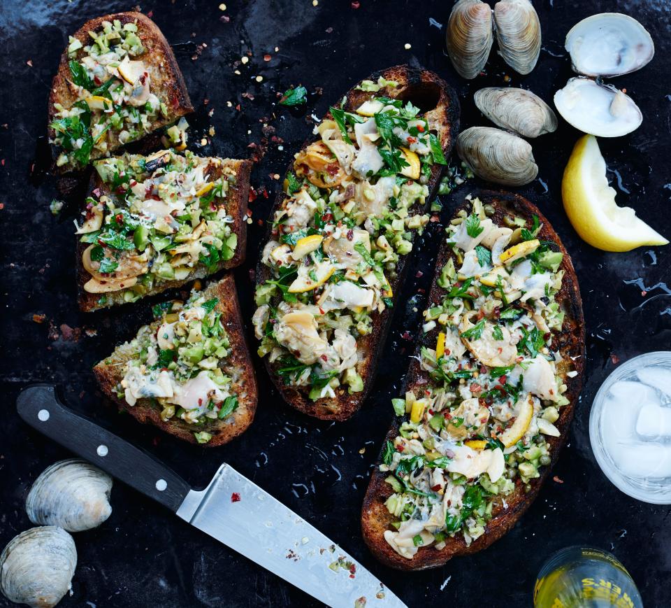 Grilled Clam Toasts with Lemon and Green Olives