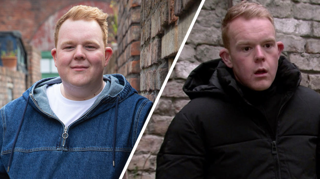 Colson Smith pictured left in a 2019 generic portrait, and right, in January 2021 on Corrie (ITV)