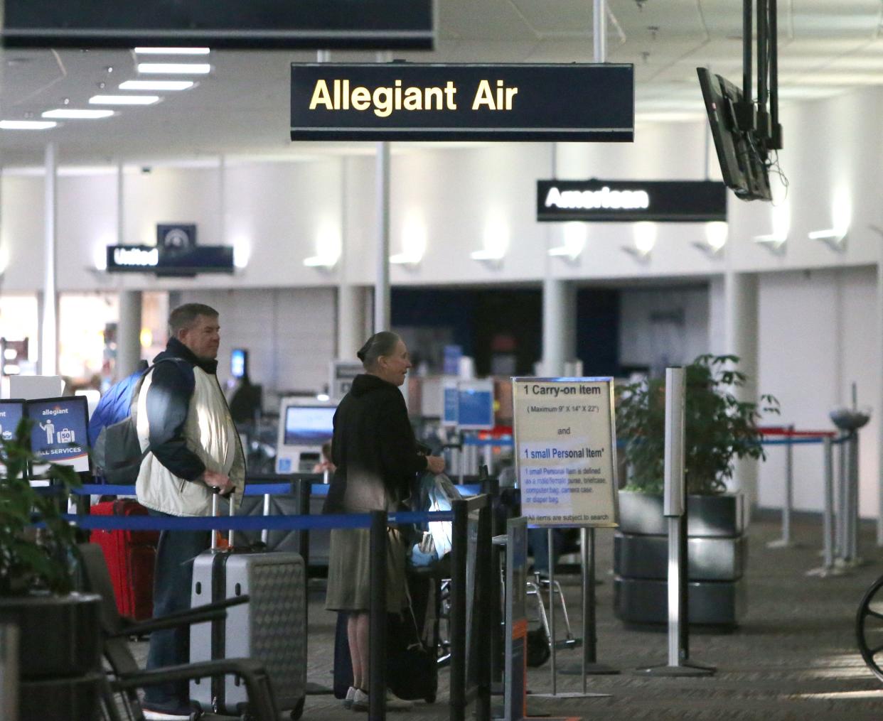 Passengers await ticketing Monday, Feb. 12, 2024, at South Bend International Airport. Officials made an announcement that Allegiant Airlines will offer South Bend flights to and from Knoxville, Tenn., starting June 14.