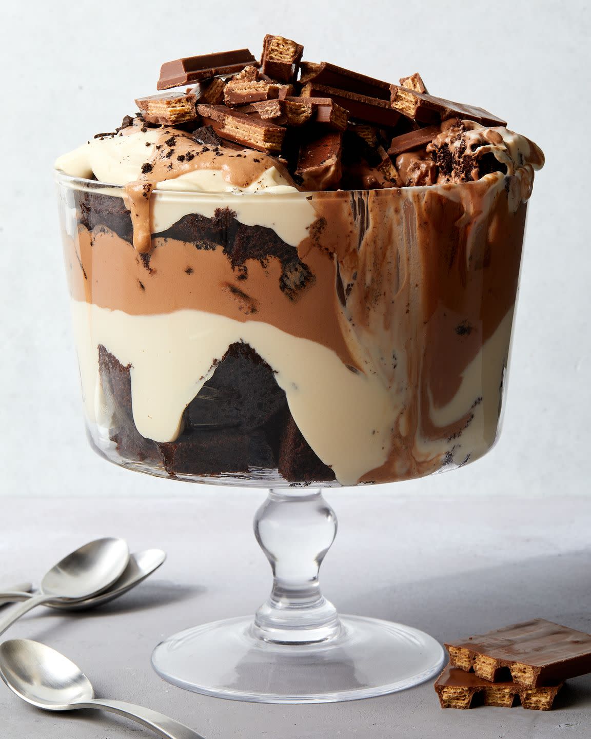 triple chocolate trifle topped with kit kats