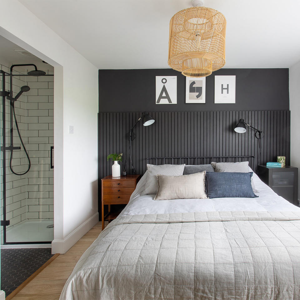 black and white bedroom with en suite