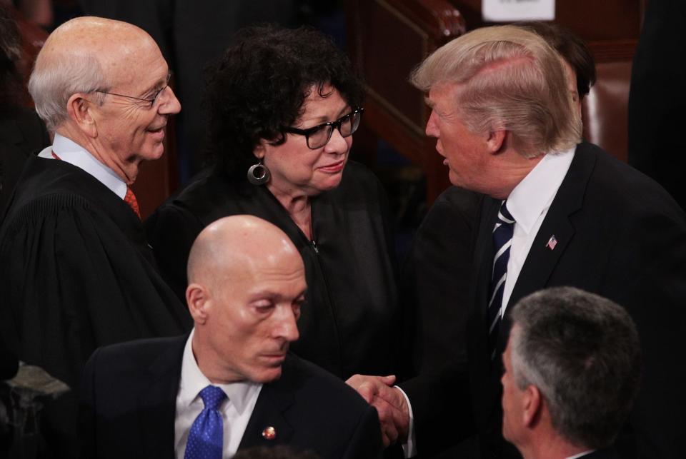 President Donald Trump greets Supreme Court Associate Justice Stephen Breyer and Supreme Court Associate Justice Sonia Sotomayor on Feb. 28, 2017.