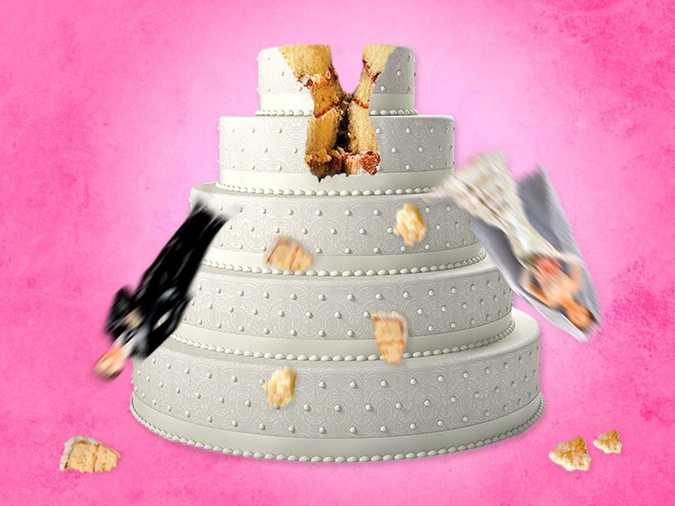 Crumbling wedding cake with bride and groom toppers falling on pink background 4x3