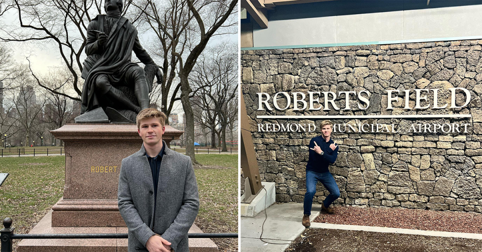 Robert Irwin posing in front of a Robert Burns statue / standing in front of Roberts Field airport.