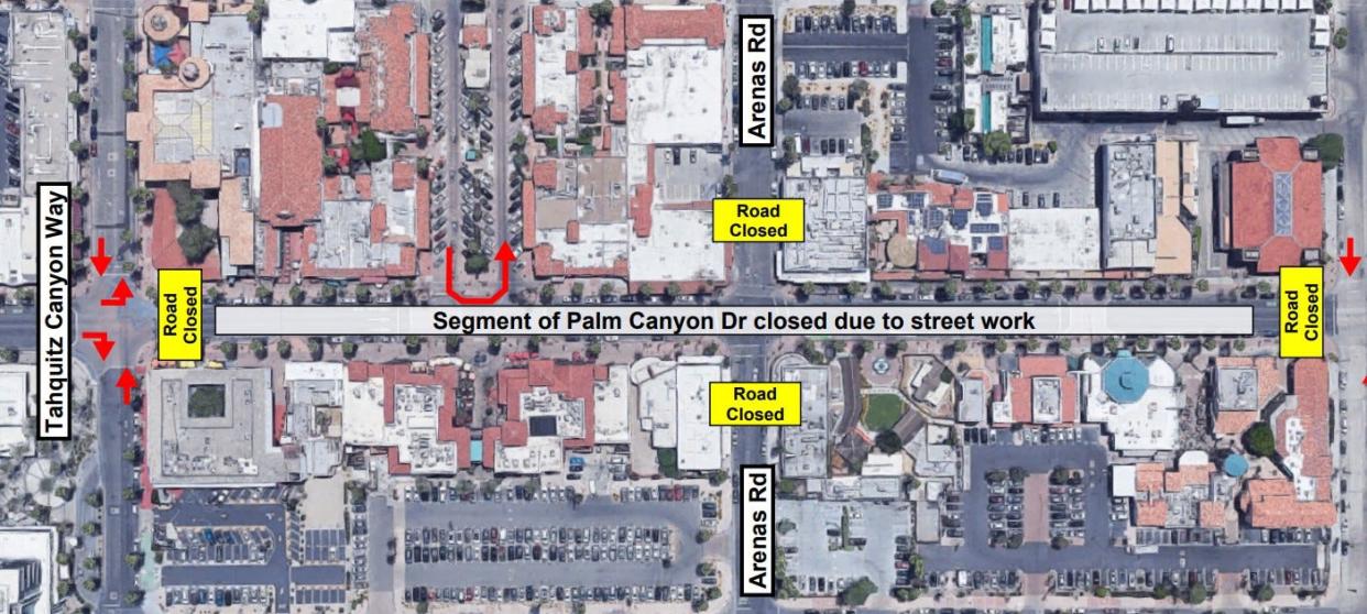 A map of the two-block stretch of South Palm Canyon Drive that will be closed until 3:30 p.m. on Thursday, Jan. 19.