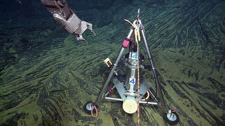 One of three bottom-pressure/tilt instruments in the summit caldera that is connected to the OOI Cabled Array network at an undersea volcano dubbed "Axial Seamount", located off the Oregon coast, is seen in this undated handout photo provided by National Science Foundation/Ocean Observatories Initiative. REUTERS/National Science Foundation/Ocean Observatories Initiative, University of Washington, Canadian Scientific Submersible Facility/Handout via Reuters