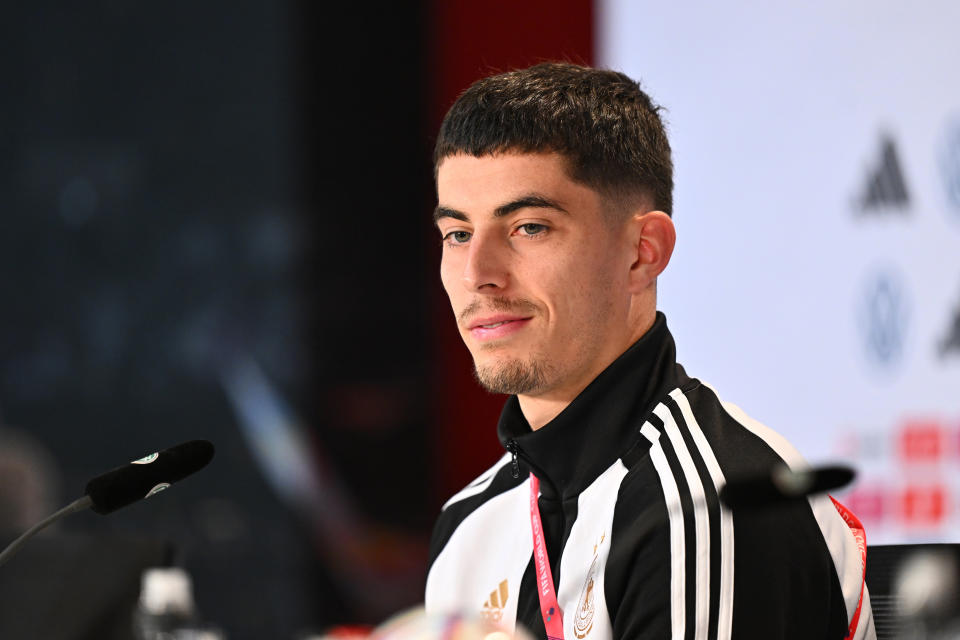 AL RUWAIS, QATAR - NOVEMBER 25: Kai Havertz talks during the Germany press conference at DFB Media Centre on November 25, 2022 in Al Ruwais, Qatar.