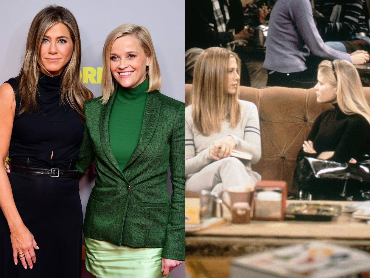 Jennifer Anniston and Reese Witherspoon at "The Morning Show" screening in black and green; Jennifer Aniston and Reese Witherspoon on the set of "Friends."