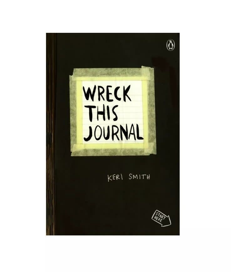 Book cover titled "Wreck This Journal" by Keri Smith with a centered title block