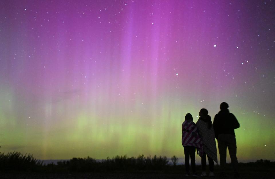 The Aurora Borealis, also known as the "Northern Lights", illuminate the sky as people gather to watch the annual Perseid meteor shower near the village of Borodinka in the Omsk region, Russia August 13, 2024.