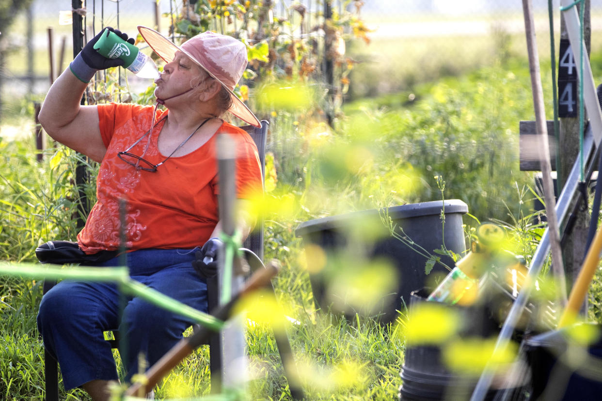 Marti Syring takes a moment to hydrate and sit down at the Montgomery County Senior&#39;s Garden, Friday, June 16, 2023 in Conroe, Texas. (Jason Fochtman/Houston Chronicle via AP)