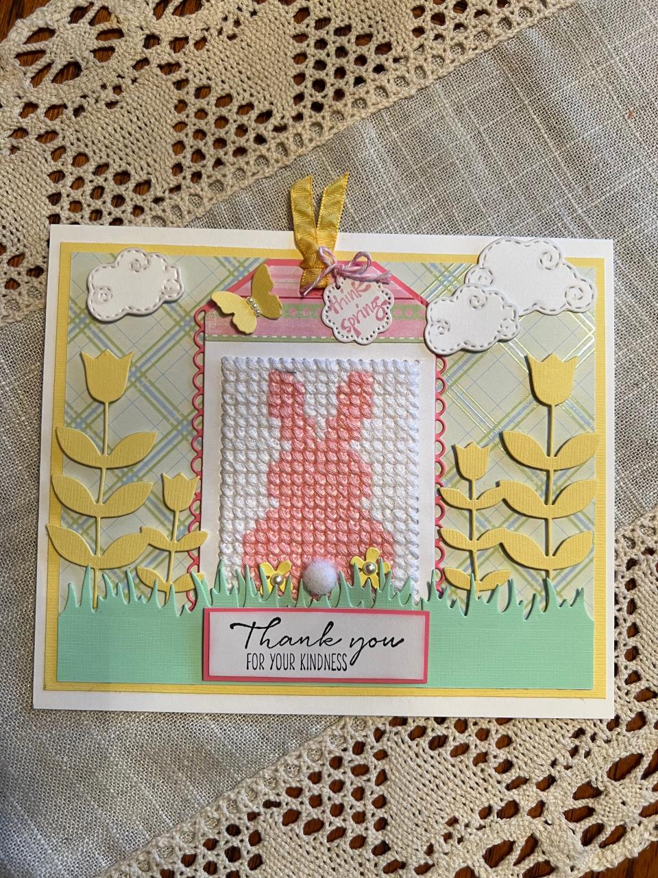 Pictured is the thank-you card Illinois grandmother Stacy Barkley mailed to her rescuer, Greg Spike. It features the bunny cross-stitch design Barkley was crafting at the time of the fire Spike helped her escape in Eugene, Oregon, on Feb. 28, 2023.