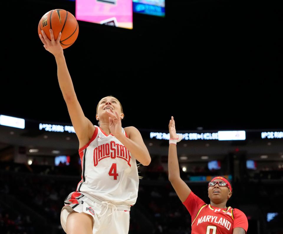 Feb. 25, 2024; Columbus, Ohio, USA; 
Ohio State Buckeyes guard Jacy Sheldon (4) is guarded by Maryland Terrapins guard Shyanne Sellers (0) during the first quarter of an NCAA Division I basketball game at Value City Arena on Sunday.